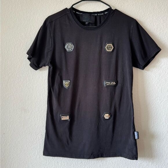 Philipp Plein Homme Black T-Shirt with Metal Patch Details Size L - Picture 1 of 11